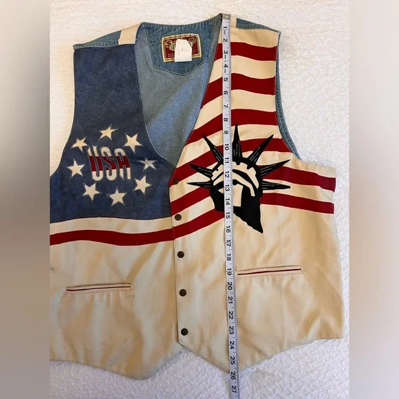 Vintage USA Jean & Leather Vest – Size XL | Statue of Liberty & Stars Design - Picture 9 of 9